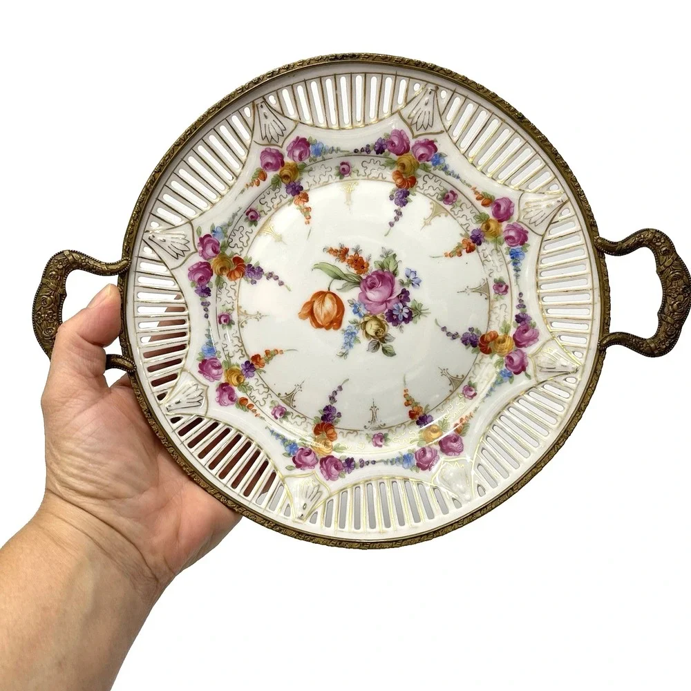 Vintage 1940s‎ Schumann Bavaria Bronze Mounted Porcelain Reticulated Floral Dish